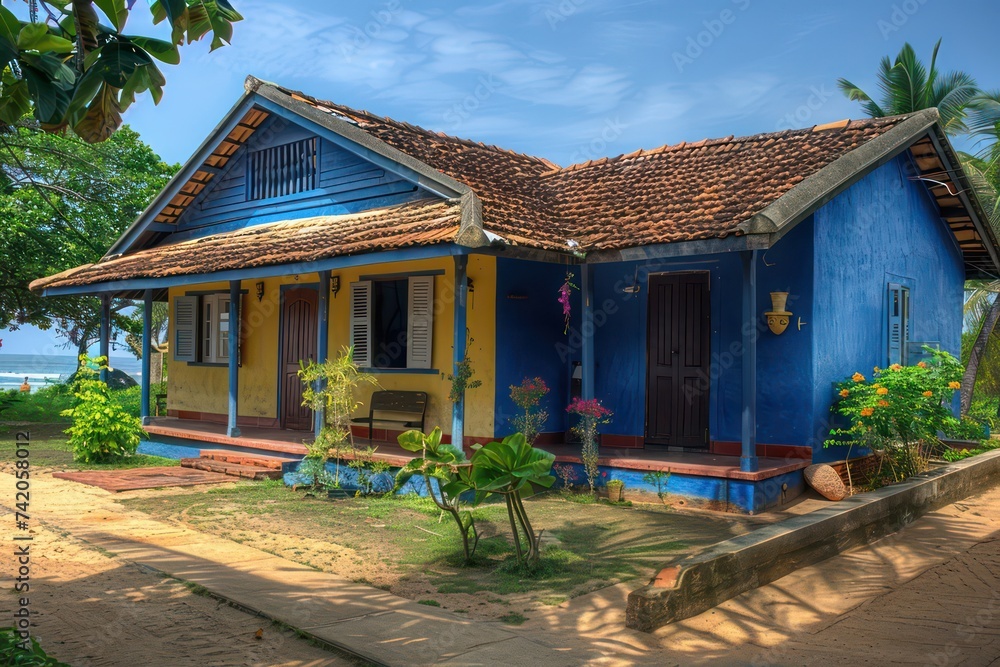 an blue clapboard vacation house with tiled roof in a beach area, dark yellow and blue, use of earth tones,