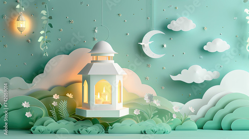 3d paper cut art ramadan kareem or eid mubarak greeting card with moon and hanging lamps on pastel green background photo