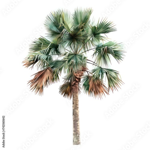 palm tree isolated on white background  painting  highly detailed foliage  light emerald and light brown  exotic realism