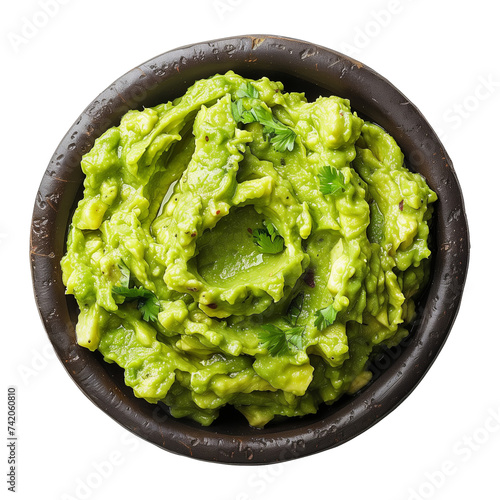 Top view of guacamole sauce in shabby bowl on transparent background.