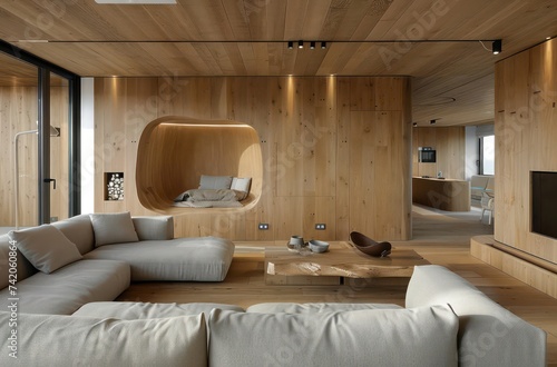 living room with a minimalist wooden wall, in the style of earth tone color palette, rounded, naturalistic realism, wood