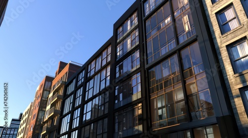 new apartment construction, dark black and bronze, terraced cityscapes, glazed surfaces, realistic lighting