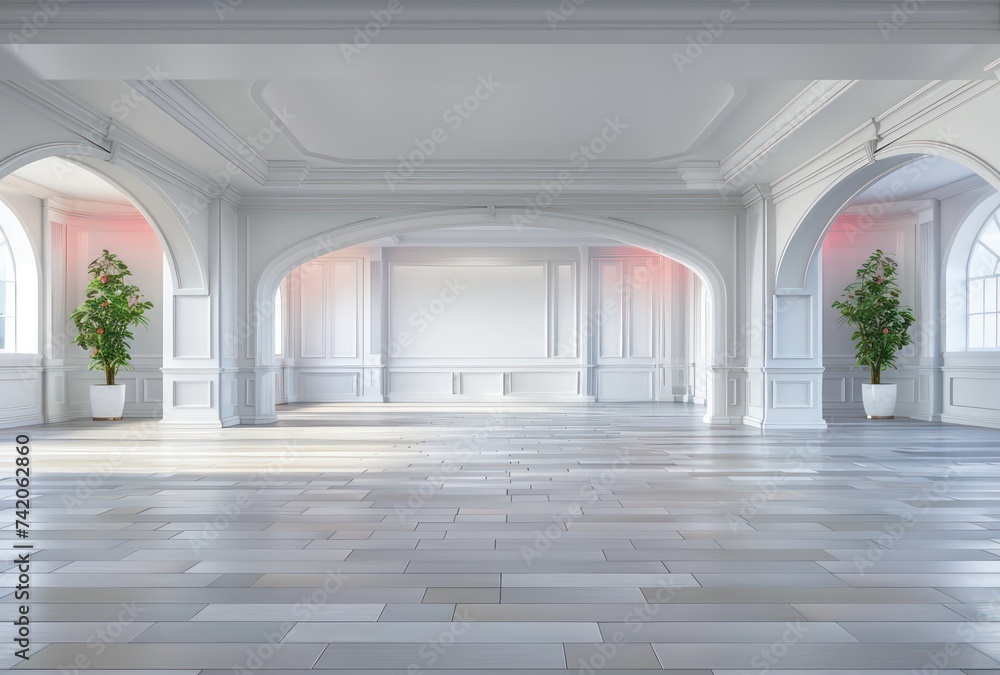 this hallway looks like it is full of white and wood, neoclassical clarity, rounded, light red and light beige, 
