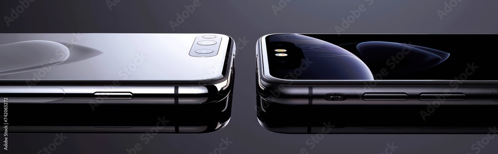 two large black phones and their screen facing each other, in the style of detailed compositions, rounded, light gray and black two large black phones and their screen facing each other, in the style of detailed compositions, rounded, light gray and black