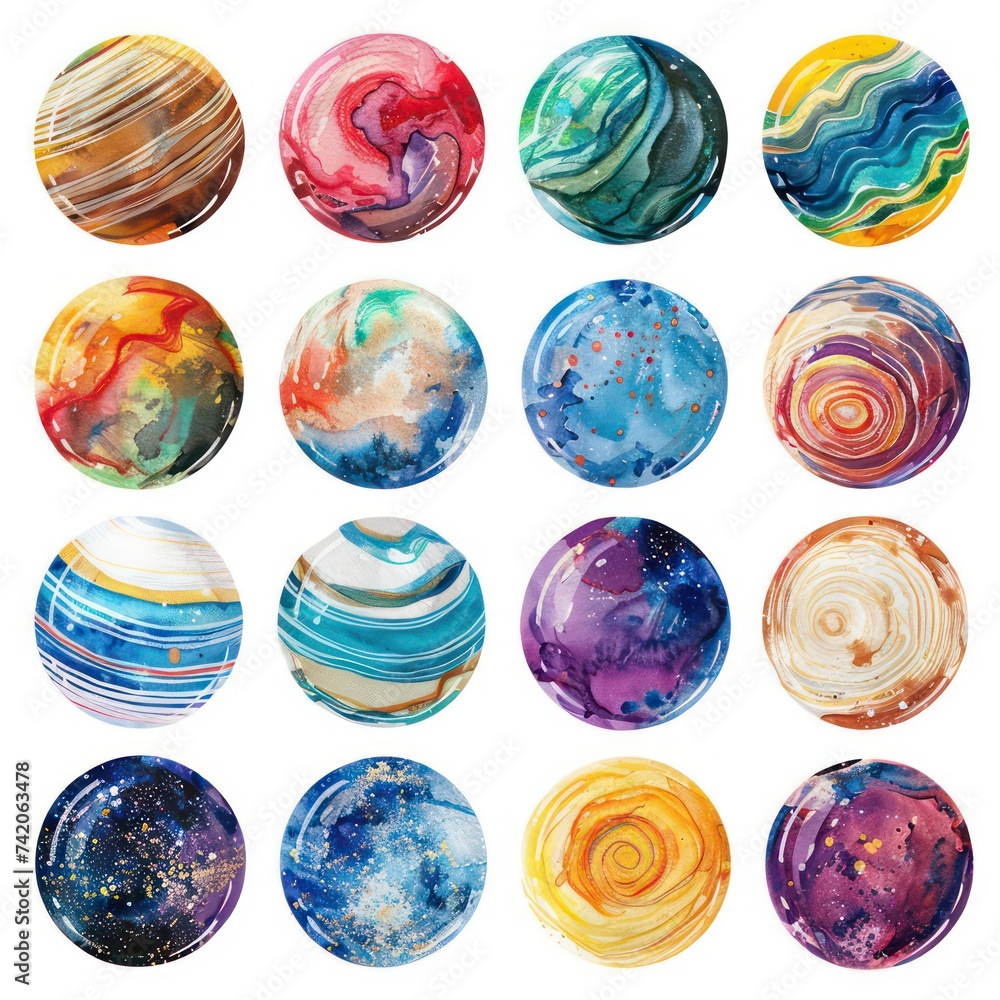 watercolor planets and stars isolated on a white background,  fluid glass sculptures balls