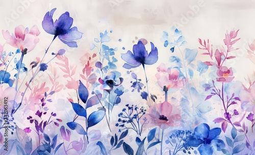 watercolor flowers on white background, in the style of light magenta and light indigo, naturalistic depictions of flora and fauna, dark purple and beige, floral accents, ornamental details © STOCKYE STUDIO