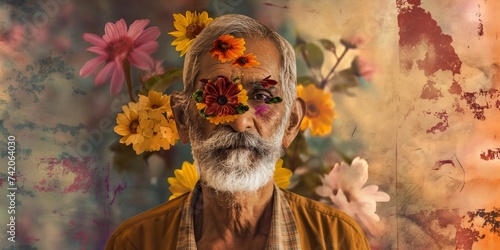senior Indian man with flowers adorning his face  presenting an abstract contemporary art collage.