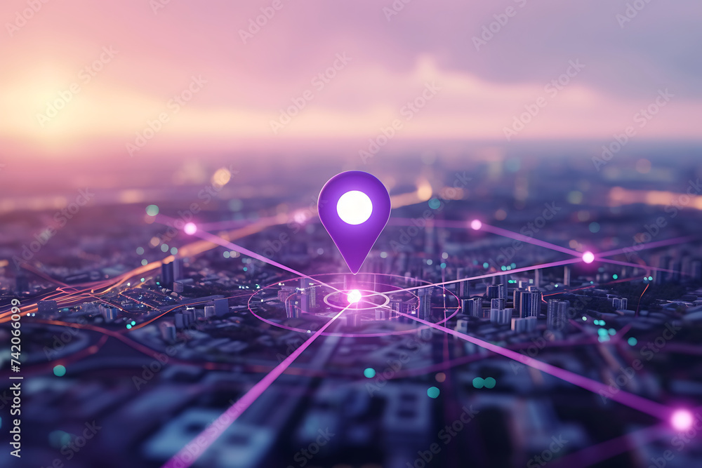 
Purple map pin in cityscape and network connection, indicating the city destination on the map and connection concept - obrazy, fototapety, plakaty 