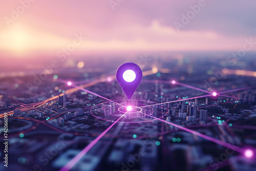  Purple map pin in cityscape and network connection, indicating the city destination on the map and connection concept