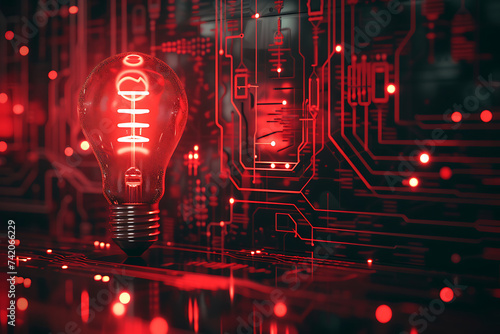A red light bulb against a technology, circuit board background