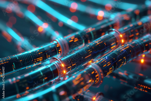 Glowing data cables transferring information as a technology background, with bokeh light effect