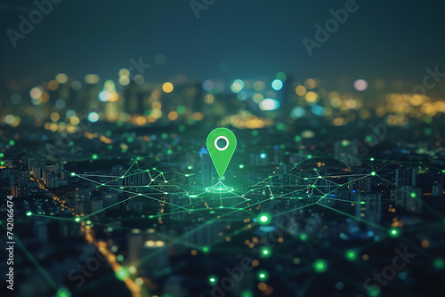 Green map pin in cityscape and network connection, indicating the city destination on the map and connection concept