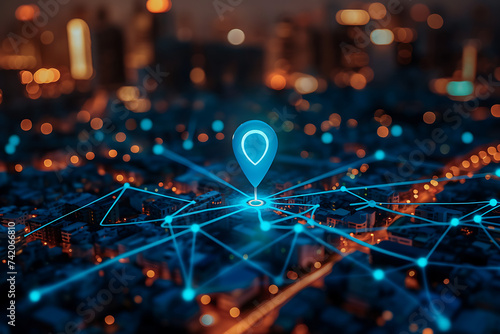 
Blue map pin in cityscape and network connection, indicating the city destination on the map and connection concept