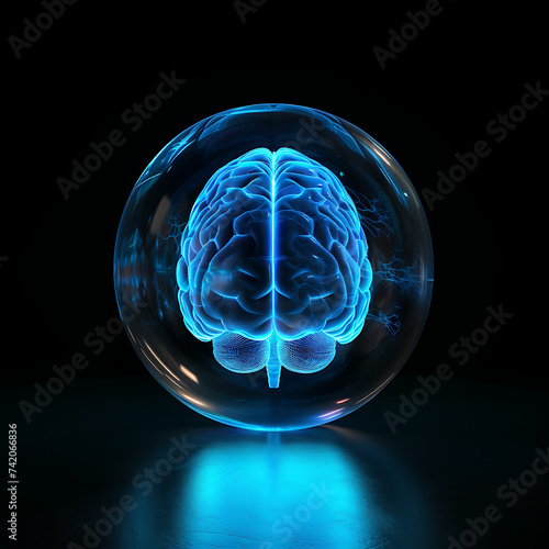A glowing blue 3D brain inside a clear glass sphere, isolated on a black background.
