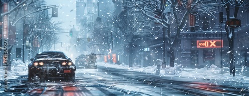 street scene showing a car in the snow on an urban road, in the style of futuristic and edgy