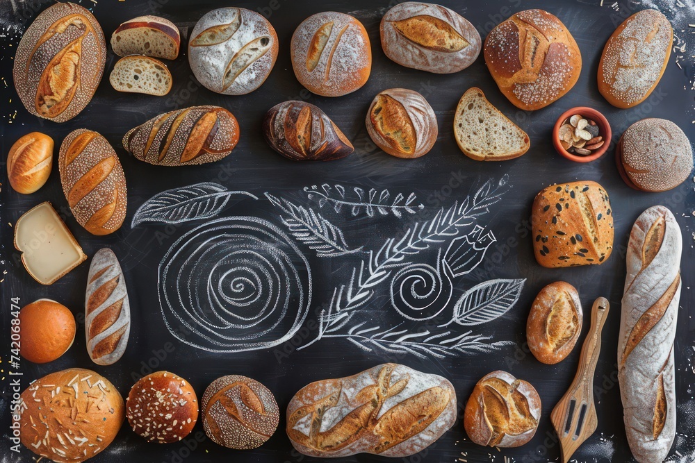 bread and cakes artistic chalkboard of various breads items, eccentric penmanship, contoured shading bread and cakes artistic chalkboard of various breads items, eccentric penmanship, contoured shading