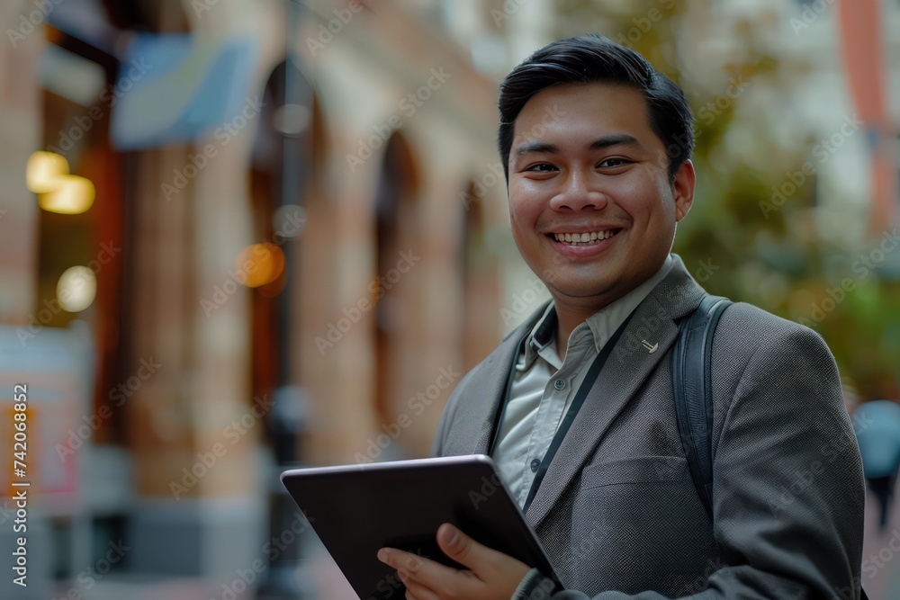 an businessman smiling while using a tablet, in the style of energetic expressions an businessman smiling while using a tablet, in the style of energetic expressions