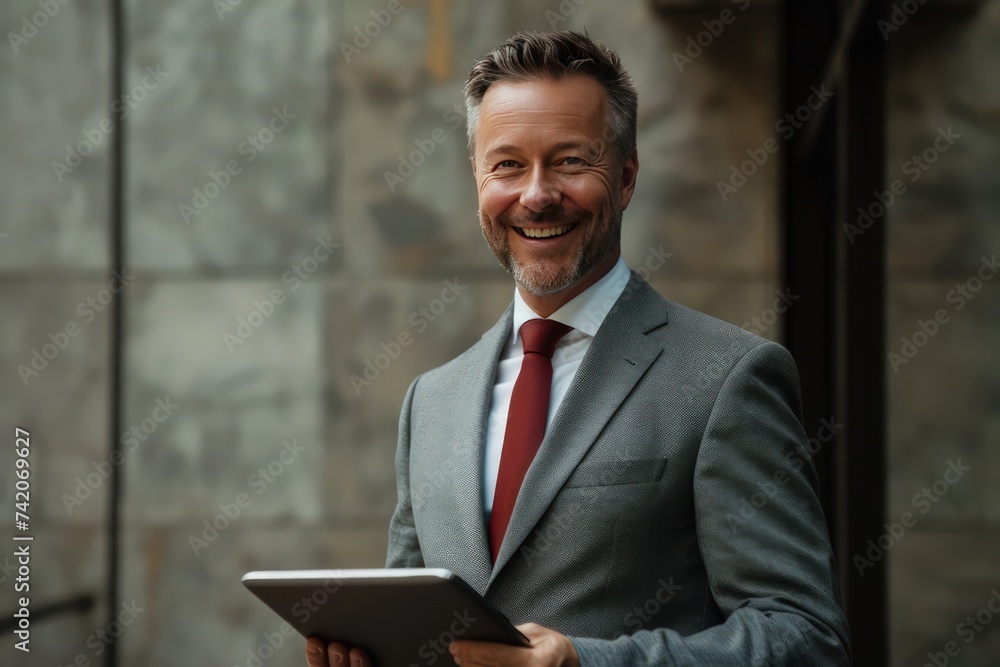 businessman standing smiling with digital tablet device businessman standing smiling with digital tablet device