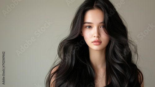 Portrait beauty natural elegance of woman with long and shiny wavy hair, coloring and toning, hair glow with black tones, smooth curves and flowing lines hair, hair products, beauty salons
