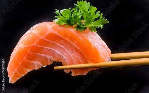 chopsticks holding salmon sashimi, sushi, asian food