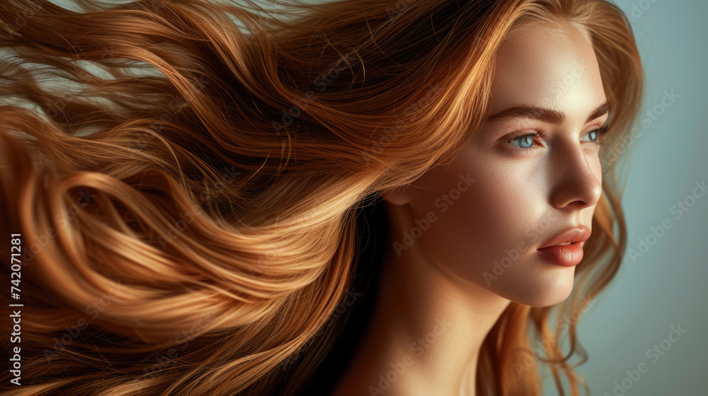 Portrait beauty natural elegance of woman with long and shiny wavy hair, coloring and toning, hair glow with golden and copper tones, smooth curves and flowing lines hair, hair products, beauty salons Portrait beauty natural elegance of woman with long and shiny wavy hair, coloring and toning, hair glow with golden and copper tones, smooth curves and flowing lines hair, hair products, beauty salons