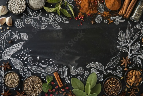 hand drawn spices set of items with a chalk based, large-scale canvases, silver and black