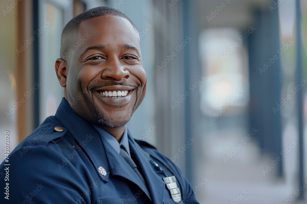 police officer smiling military man in uniform, in the style of light indigo and light gray - obrazy, fototapety, plakaty 