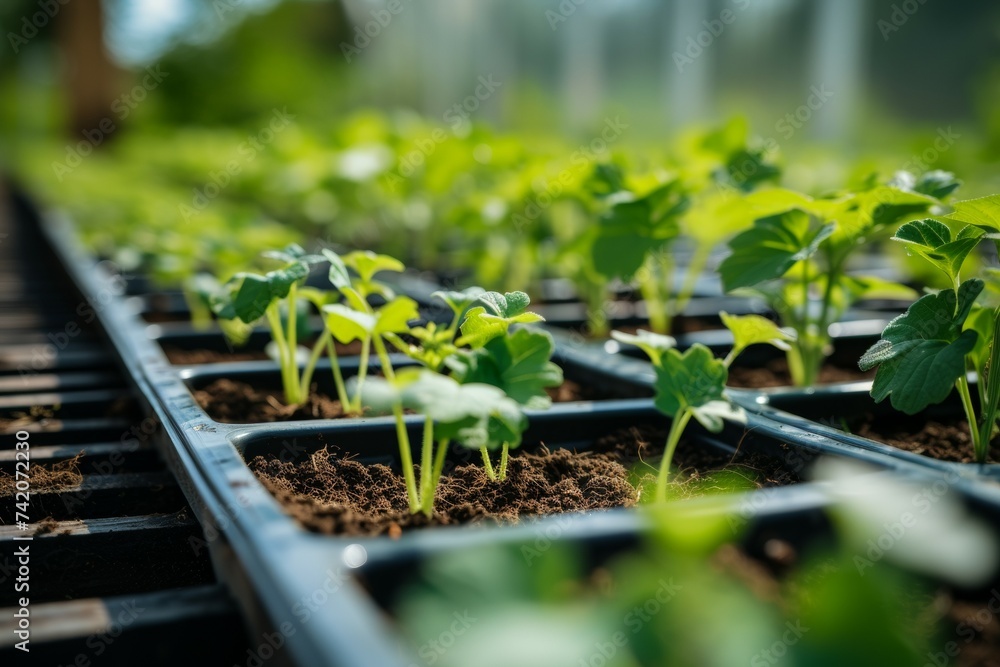 Seedlings in a greenhouse. Background with selective focus and copy space Seedlings in a greenhouse. Background with selective focus and copy space