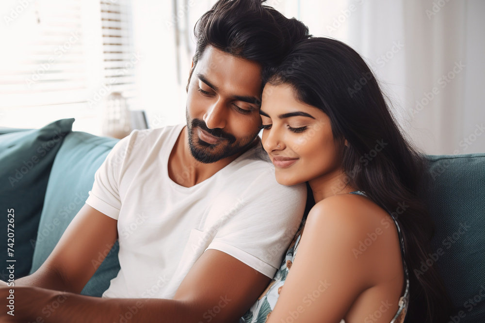 Happy couple relaxing together on a comfortable sofa Happy couple relaxing together on a comfortable sofa