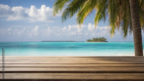  "Coastal Elegance: Leonardo Diffusion XL Wood Table with Blurred Sea and Coconut Palms"