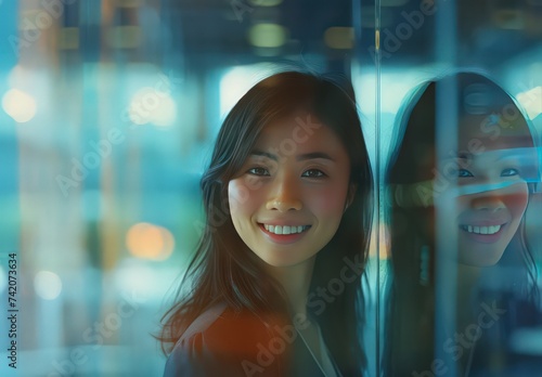 young business woman smiling at an office, in the style of indigenous culture