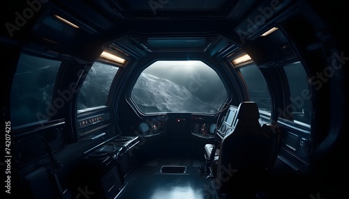 Bright spaceship interior with a view out a dark window