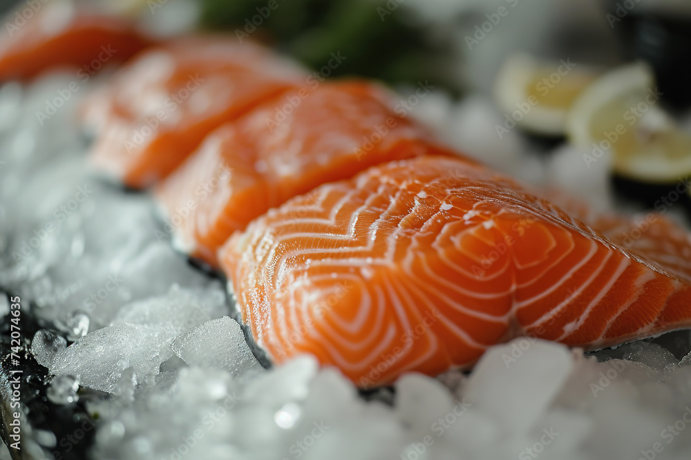 Fresh salmon fillet on ice, close up Fresh salmon fillet on ice, close up