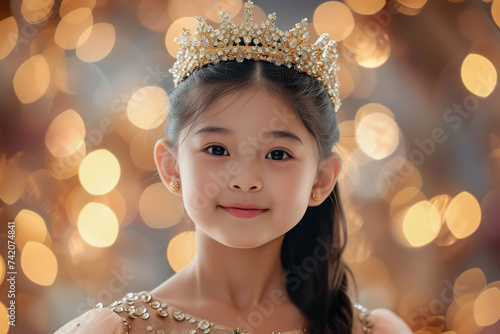 Beauty pageant contest. Little Asian Girl with Tiara and Festive Dress