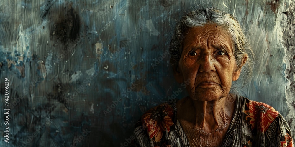 elderly grandmother very sad in war zone and poverty