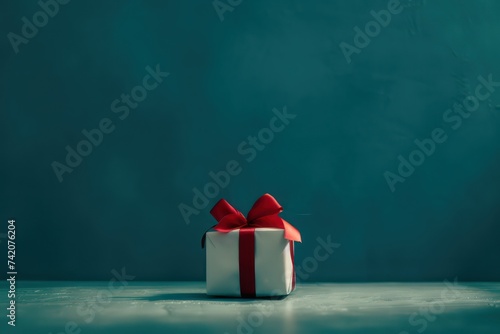 a gift box with a red ribbon and bow on a light blue background © STOCKYE STUDIO