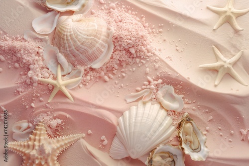 sand beach with shells, starfish and oysters on it, in the style of minimalist backgrounds, light pink and beige