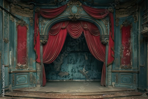 old blue theater stage with red curtains  in the style of rococo still-lifes  photo realistic fantasies  dark cyan and bronze
