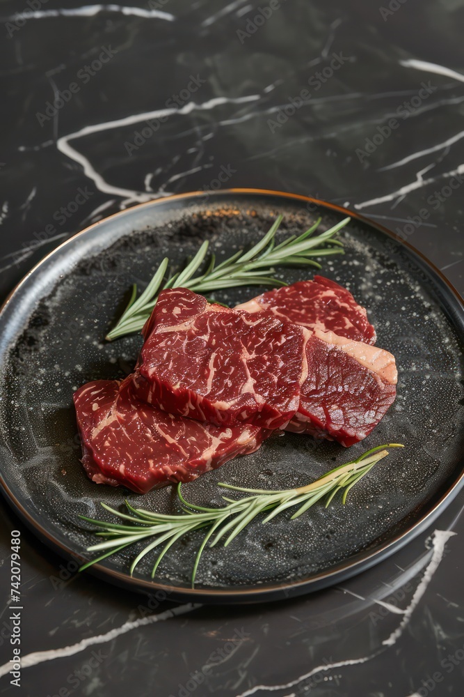 fresh beef steaks in a plate with rosemary, in the style of dark gray and light crimson