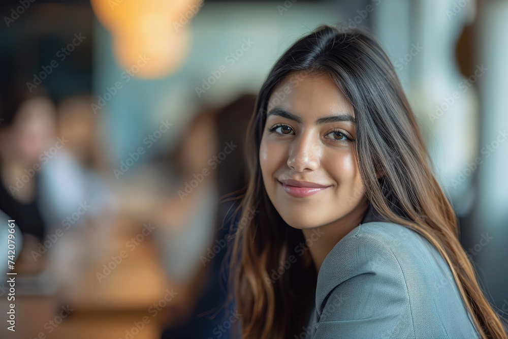 Fototapeta premium Young Hispanic woman listening to presentation in office group meeting