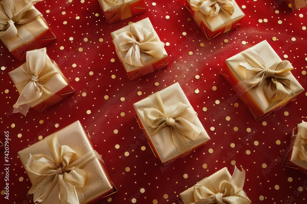 gifts wrapped in ribbons on a red background, in the style of light gold and light beige gifts wrapped in ribbons on a red background, in the style of light gold and light beige