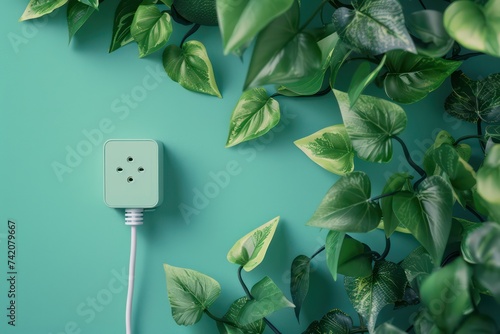 green switch with a plant on a flat surface, in the style of light sky-blue