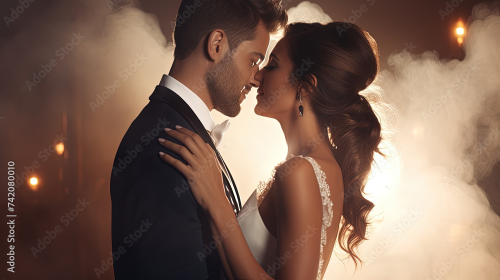 bride and groom on light background with copy space bride and groom on light background with copy space