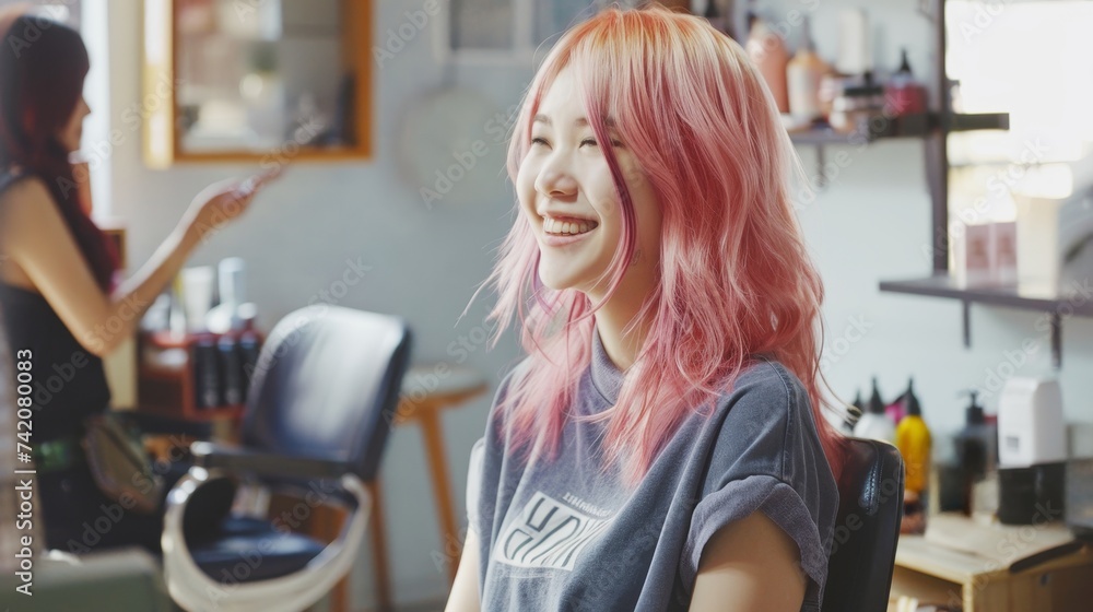 a beautiful pink hair young korean model woman in the hairdresser salon gets a new haircut, gentle smile, dyes her hair and style it. sitting on the chair and talks to the hairstylist a beautiful pink hair young korean model woman in the hairdresser salon gets a new haircut, gentle smile, dyes her hair and style it. sitting on the chair and talks to the hairstylist