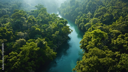 Tropical jungle landscape with Amazon jungle river. Created with Generative AI.  © lchumpitaz