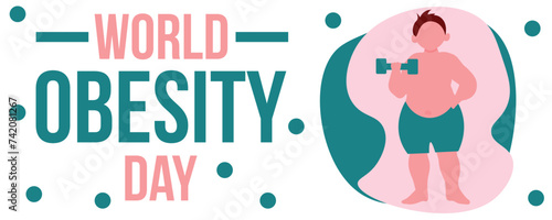 Banner for World Obesity Day with drawn stout man training with dumbbell