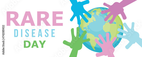 Banner for Rare Disease Day with planet Earth and many hands