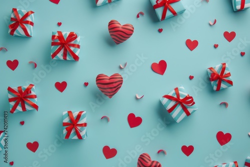 red hearts and presents on a blue background   in the style of striped arrangements  sculptural paper constructions
