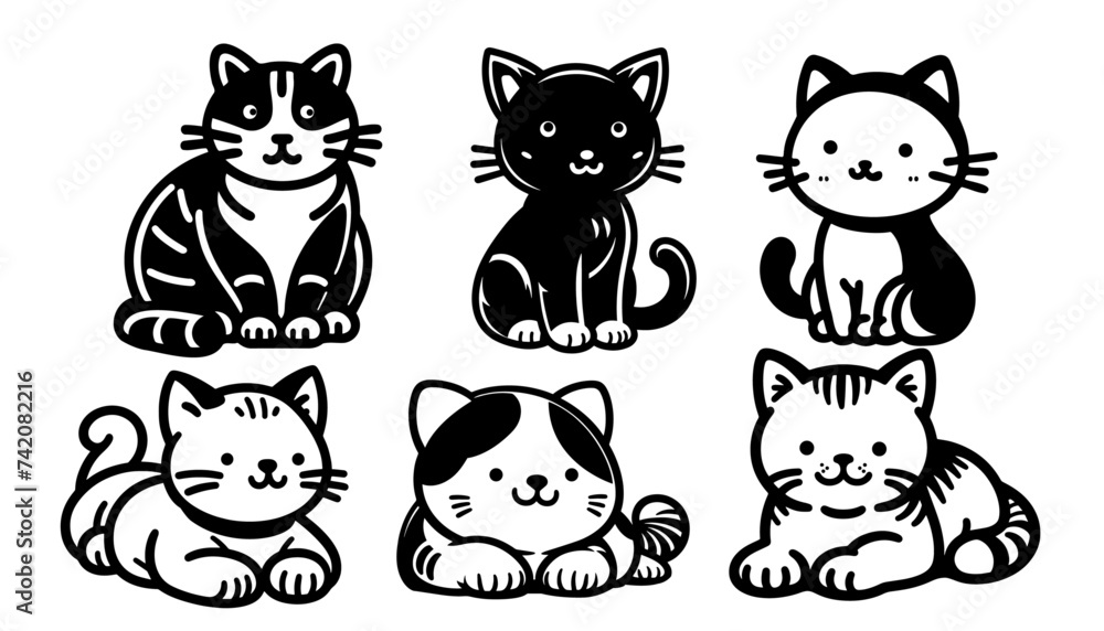 simple cute cat line drawing,s vector graphic resources set / collection	

