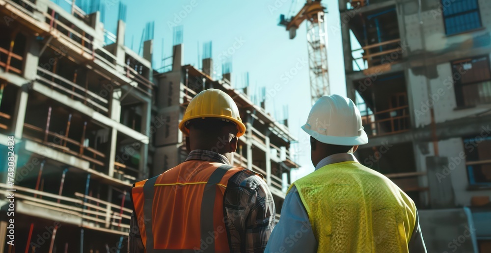 two construction men standing in front of a construction site